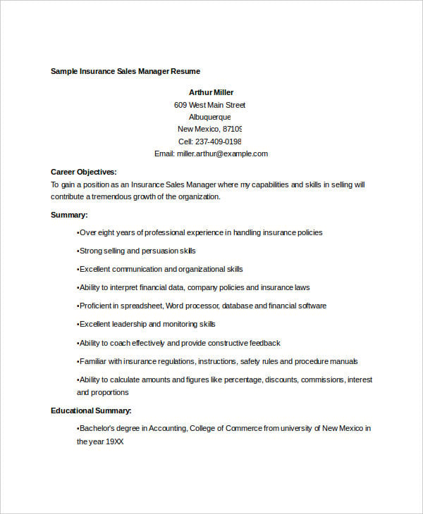 insurance sales manager resume