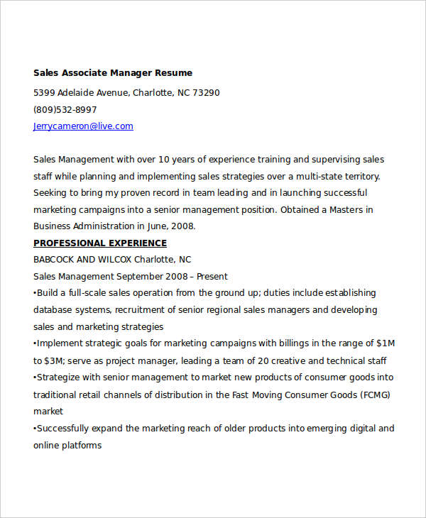 sales associate manager resume