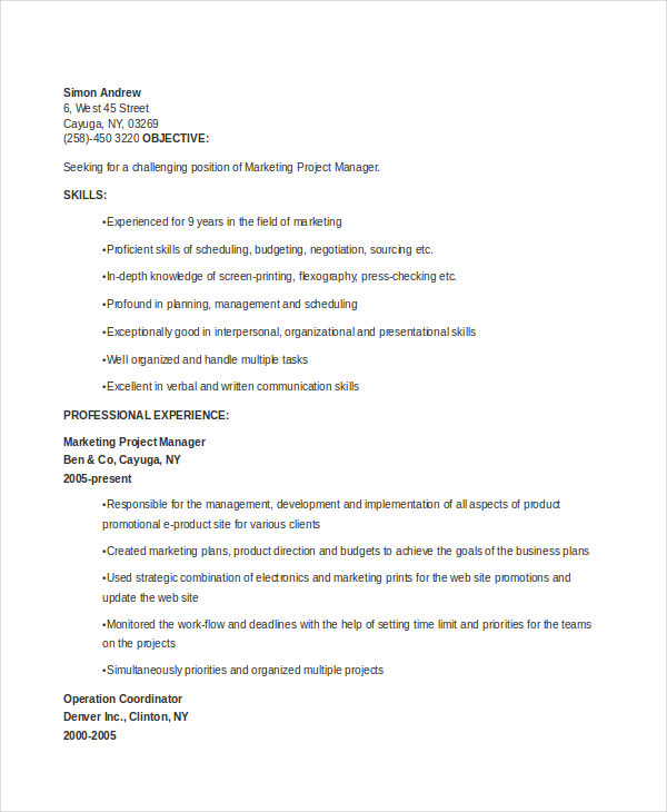 marketing project manager resume