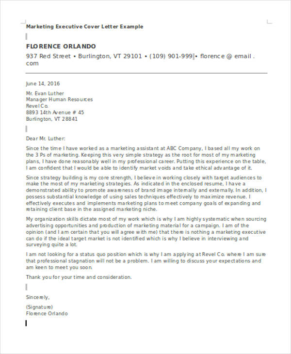 marketing executive application letter