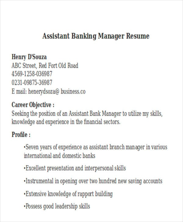 assistant banking manager resume
