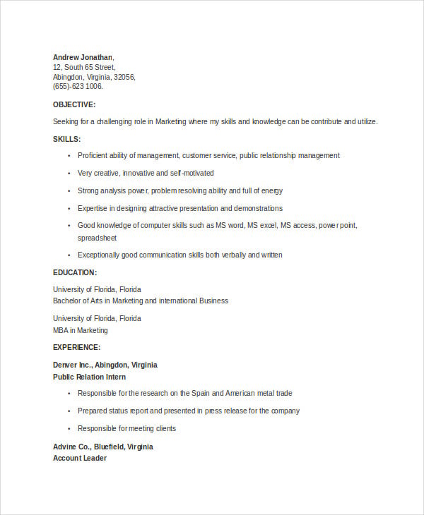 mba marketing student resume