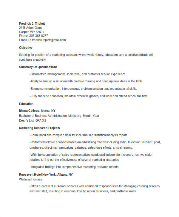 marketing student resume example