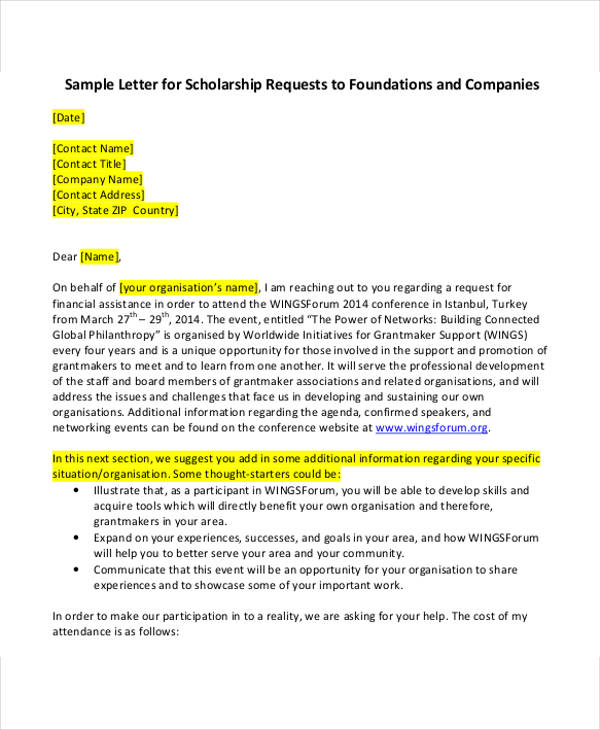 scholarship application request letter