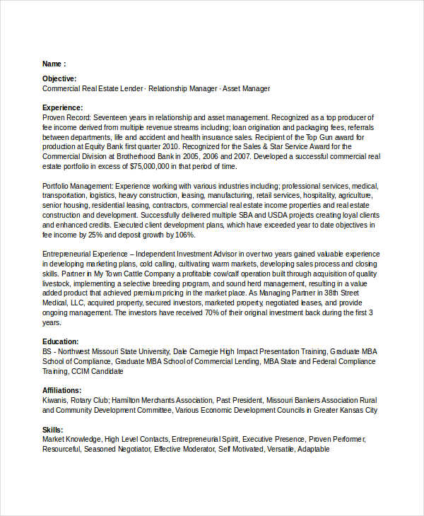 commercial real estate banking resume