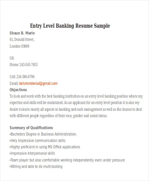 entry level banking resume sample