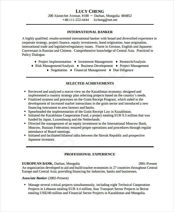 sample resume format for bank jobs