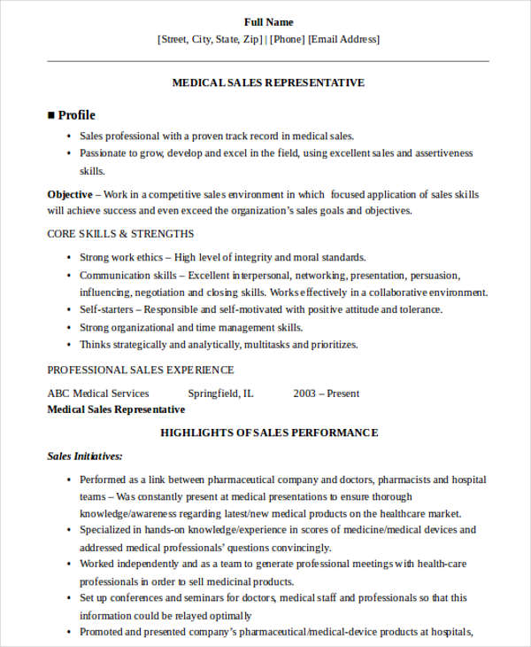 healthcare sales representative resume
