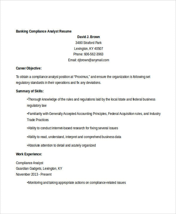 banking compliance analyst resume