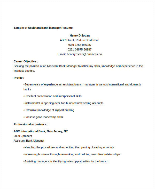 banking assistant manager resume
