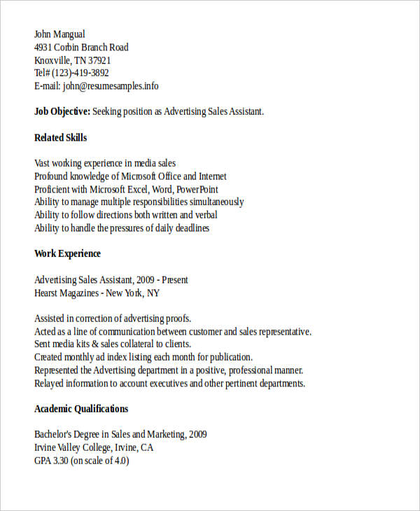 advertising sales assistant resume