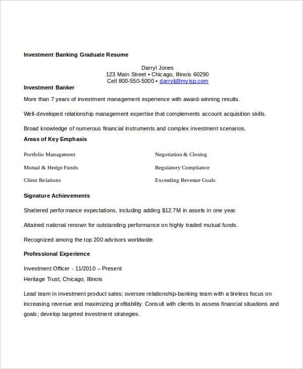 investment banking graduate resume