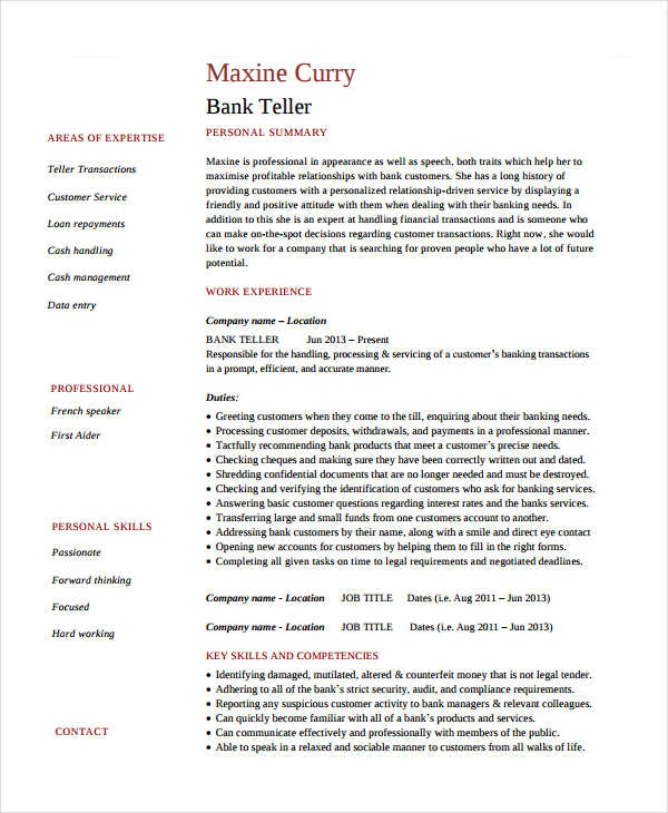 banking teller job resume