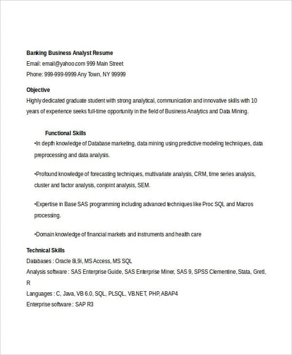 banking business analyst resume