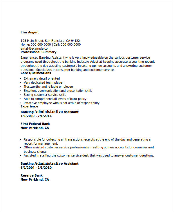 banking administrative assistant resume