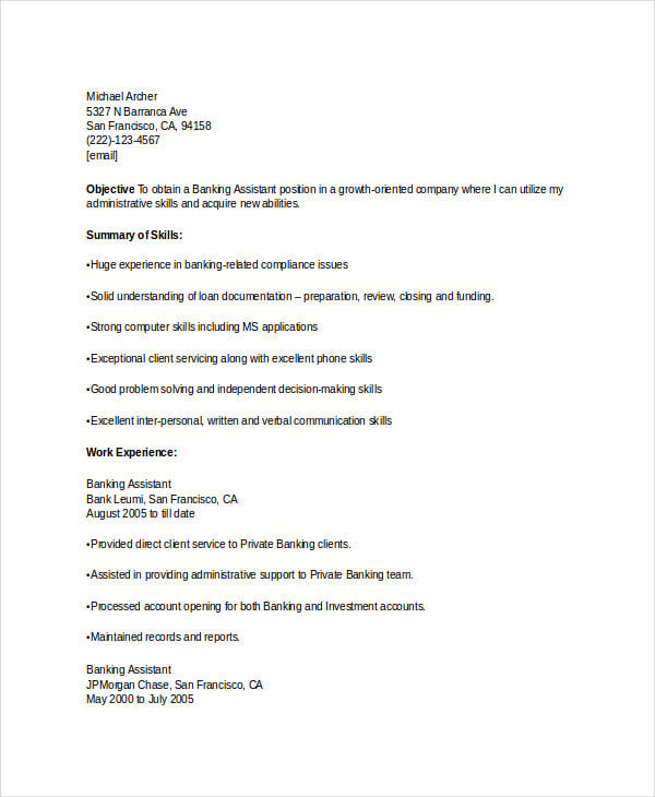 executive assistant banking resume