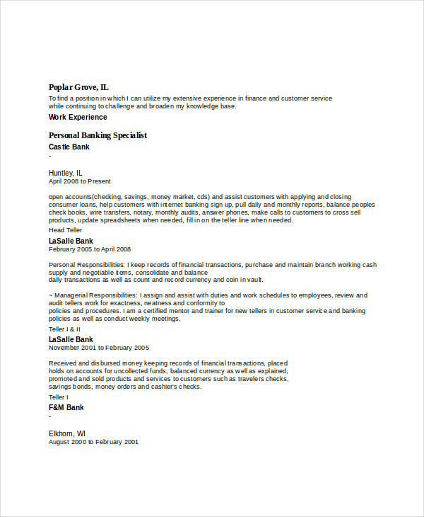 personal banking specialist resume