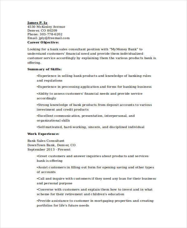 banking sales consultant resume