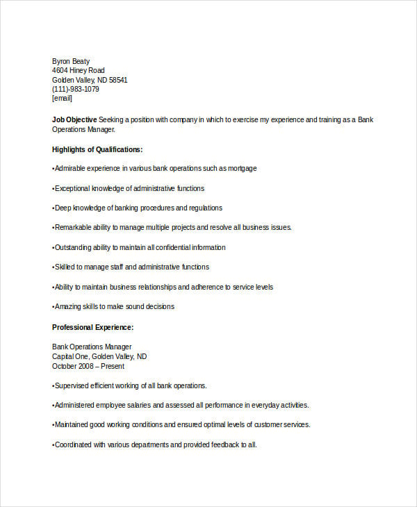 banking operations manager resume