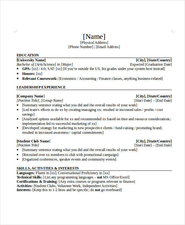 entry level investment banking resume