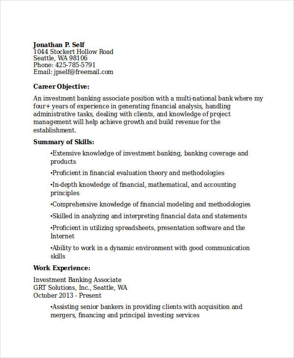 investment banking associate resume