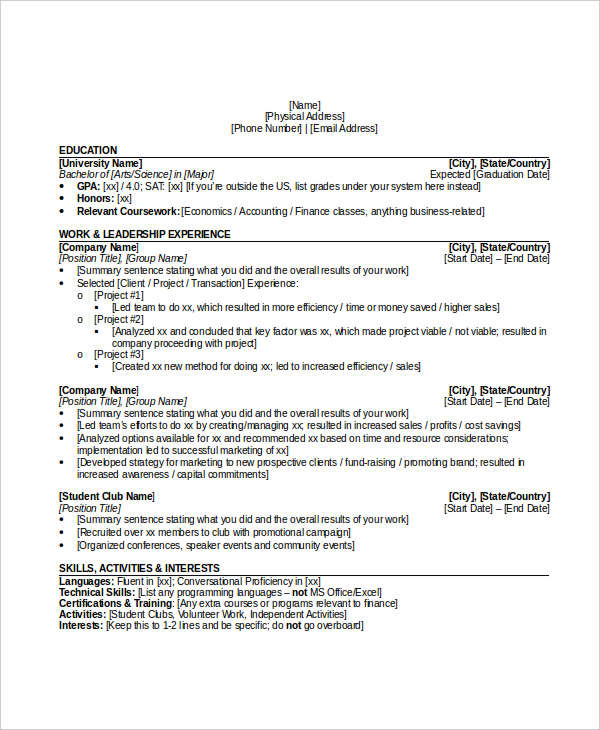 entry level investment banking resume