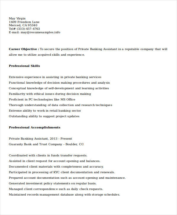 private banking assistant resume