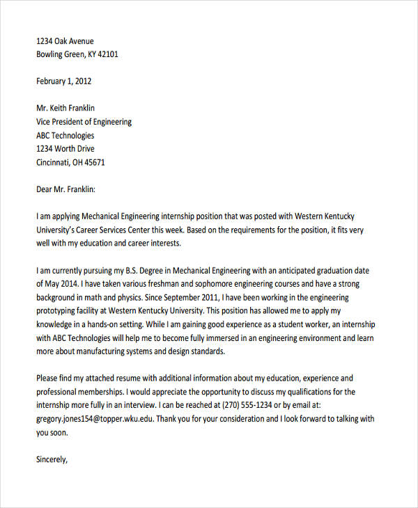engineering student internship application letter
