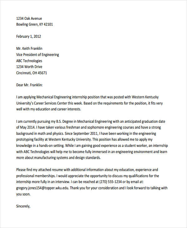 47+ Experience Internship Application Letter Sample - Lodi Letter