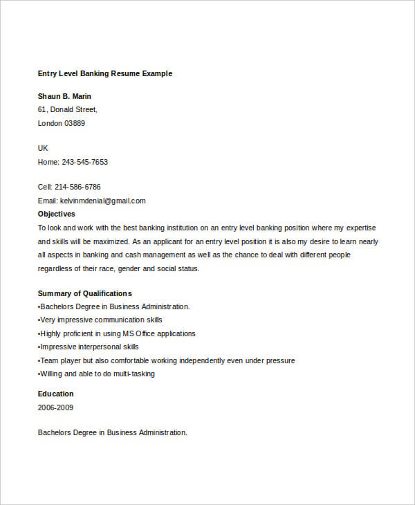entry level banking resume example