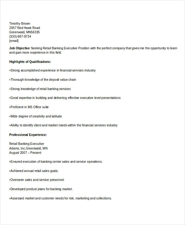 banking executive resume