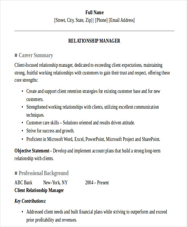 relationship manager private banking resume