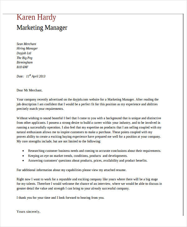 marketing manager application letter