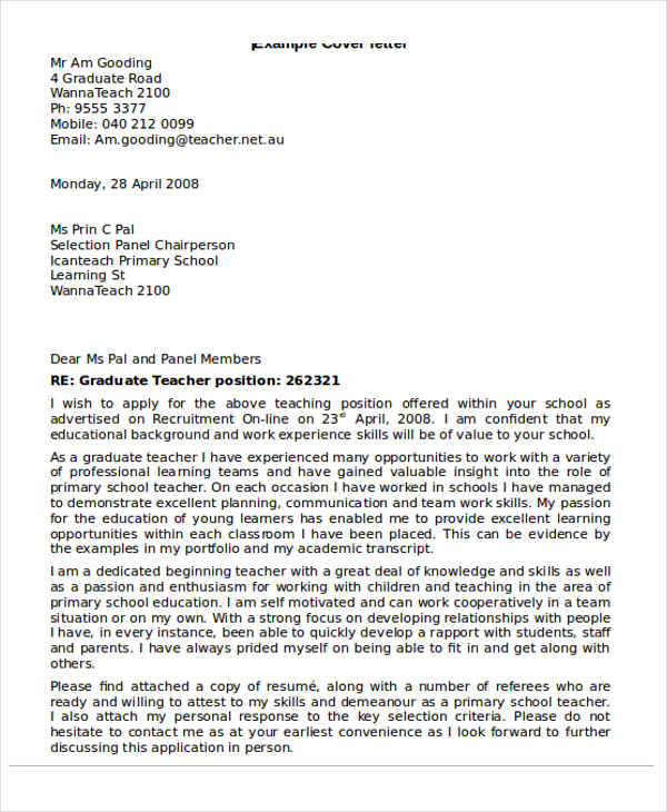 primary school teacher letter of application