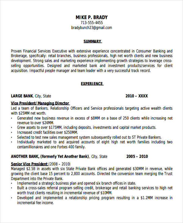 retail banking resume examples