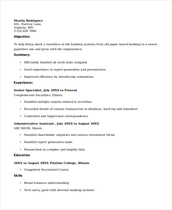 banking administrative assistant resume