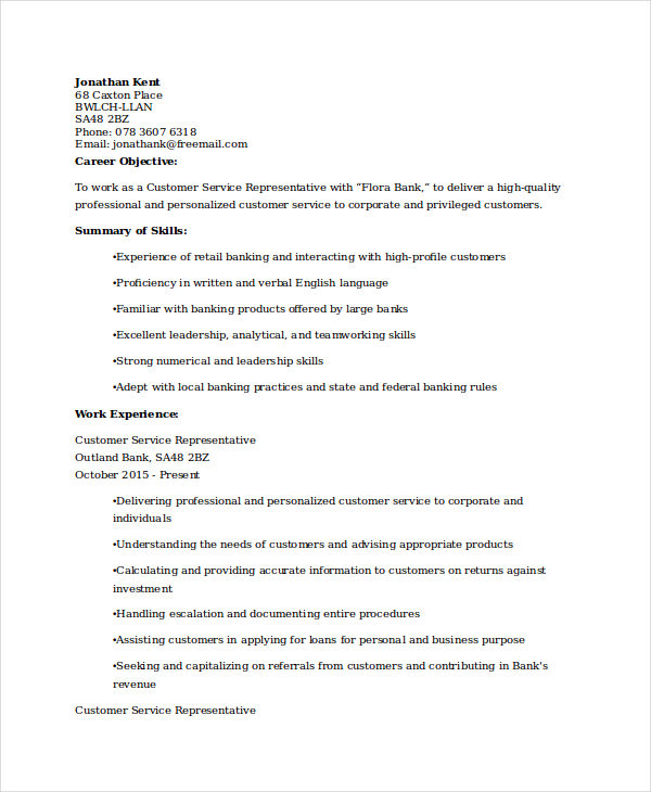 retail banking customer service resume