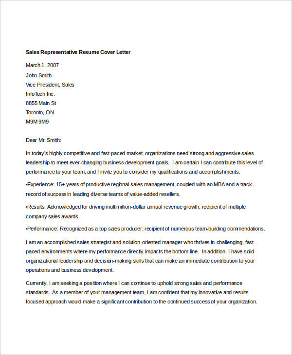 sales representative resume cover letter