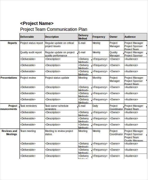 project team communication plan xls
