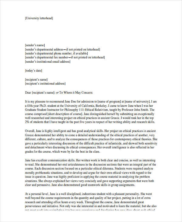 college application recommendation letter
