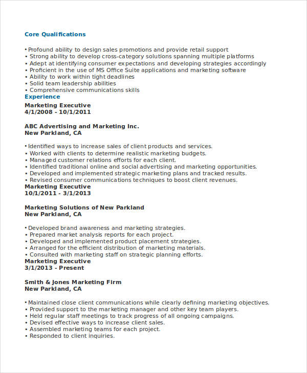 marketing sales executive resume