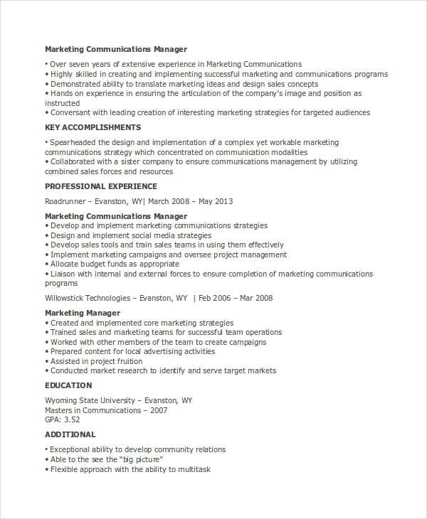 marketing communications manager resume