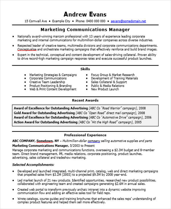 marketing manager job resume