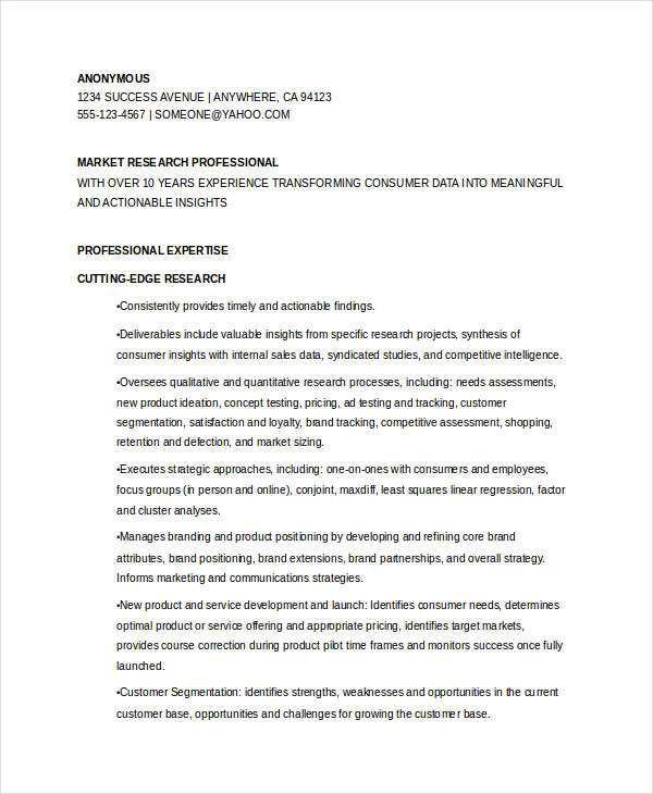 marketing research manager resume