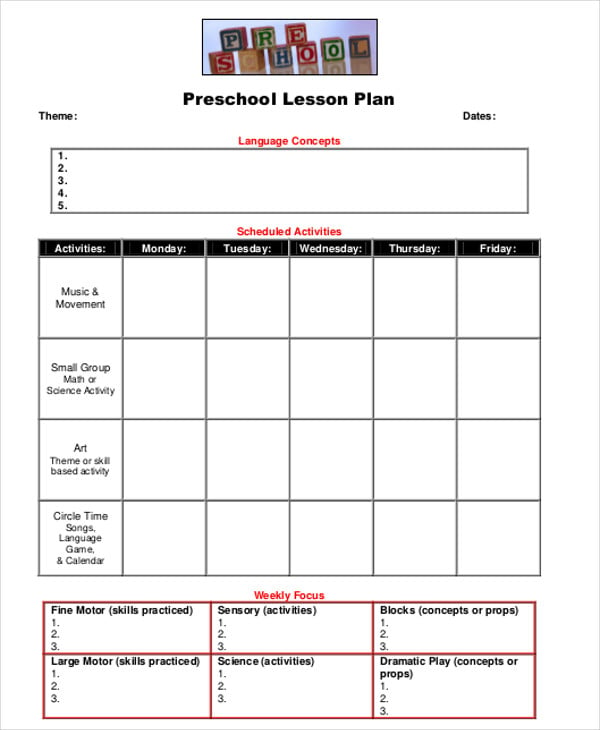 blank preschool lesson plan