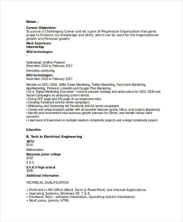 entry level digital marketing resume