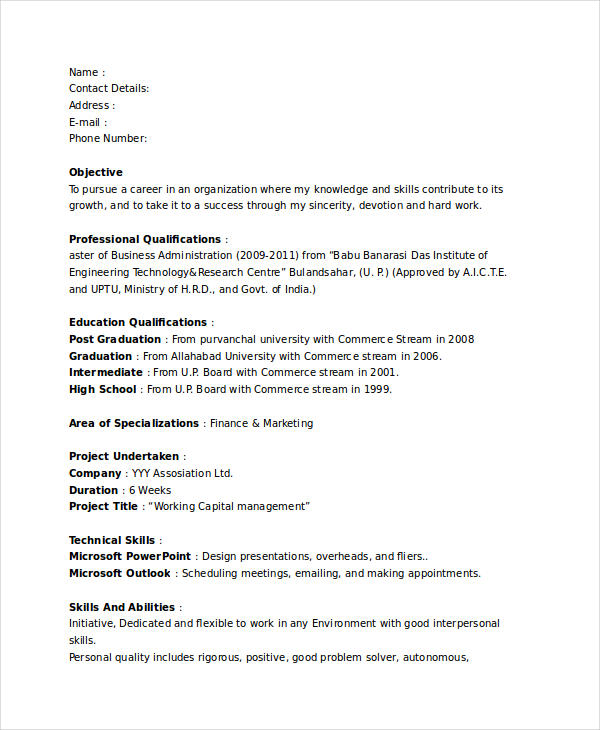 fresher marketing executive resume