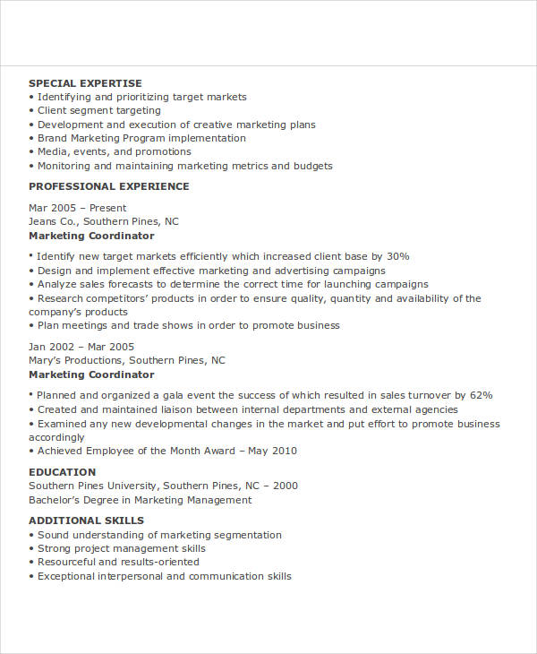 sales and marketing coordinator resume