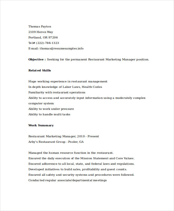 sample restaurant marketing resume