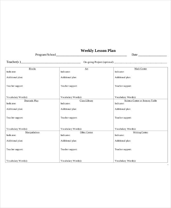 teacher weekly lesson plan